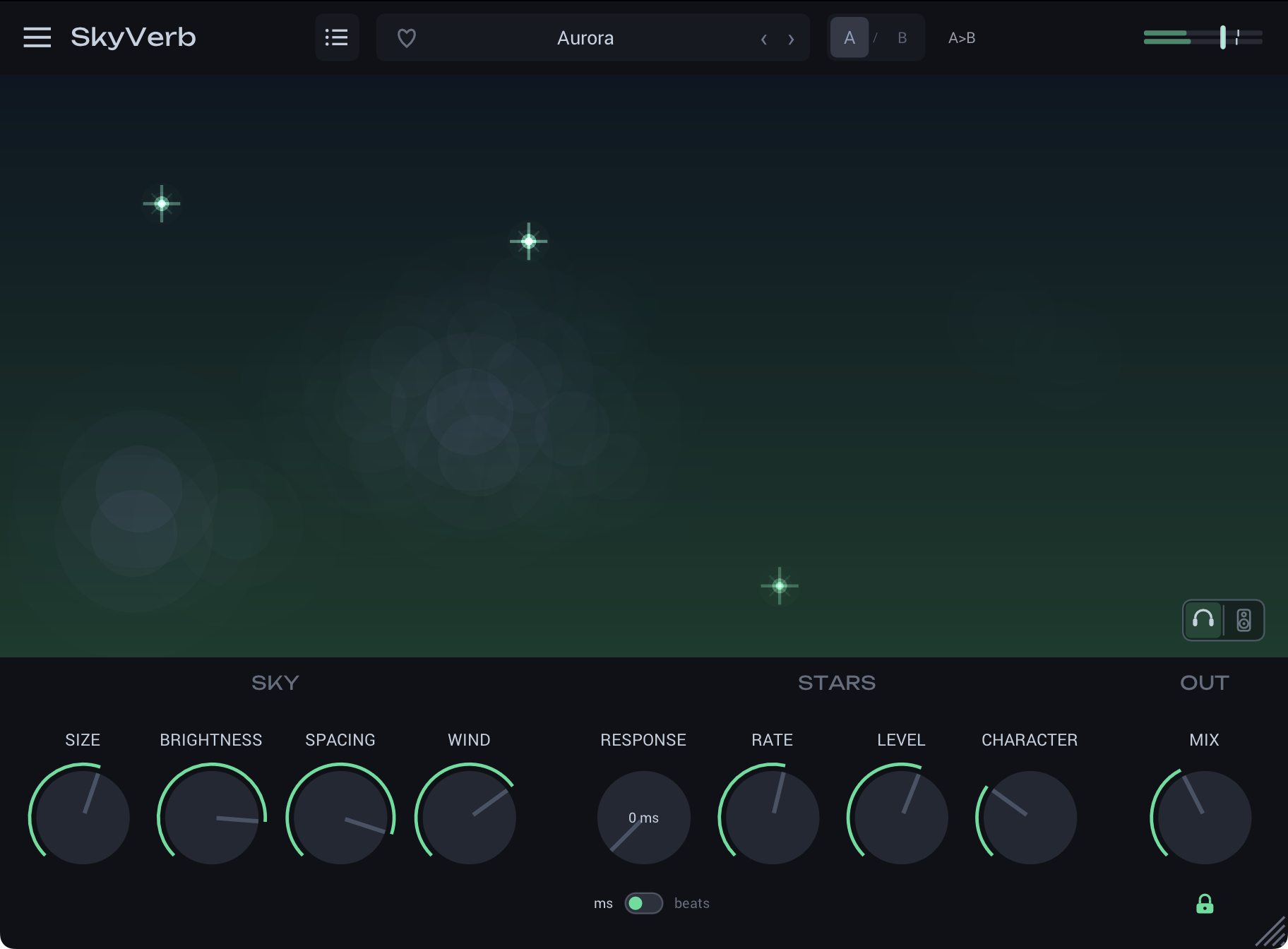 SkyVerb plugin interface — a live sky view with drifting clouds and bright binaural stars above the SKY, STARS and OUT knob rows.